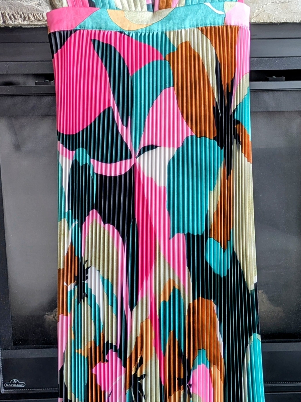 Pleated Floral Maxi Dress in Pink, Teal & Black